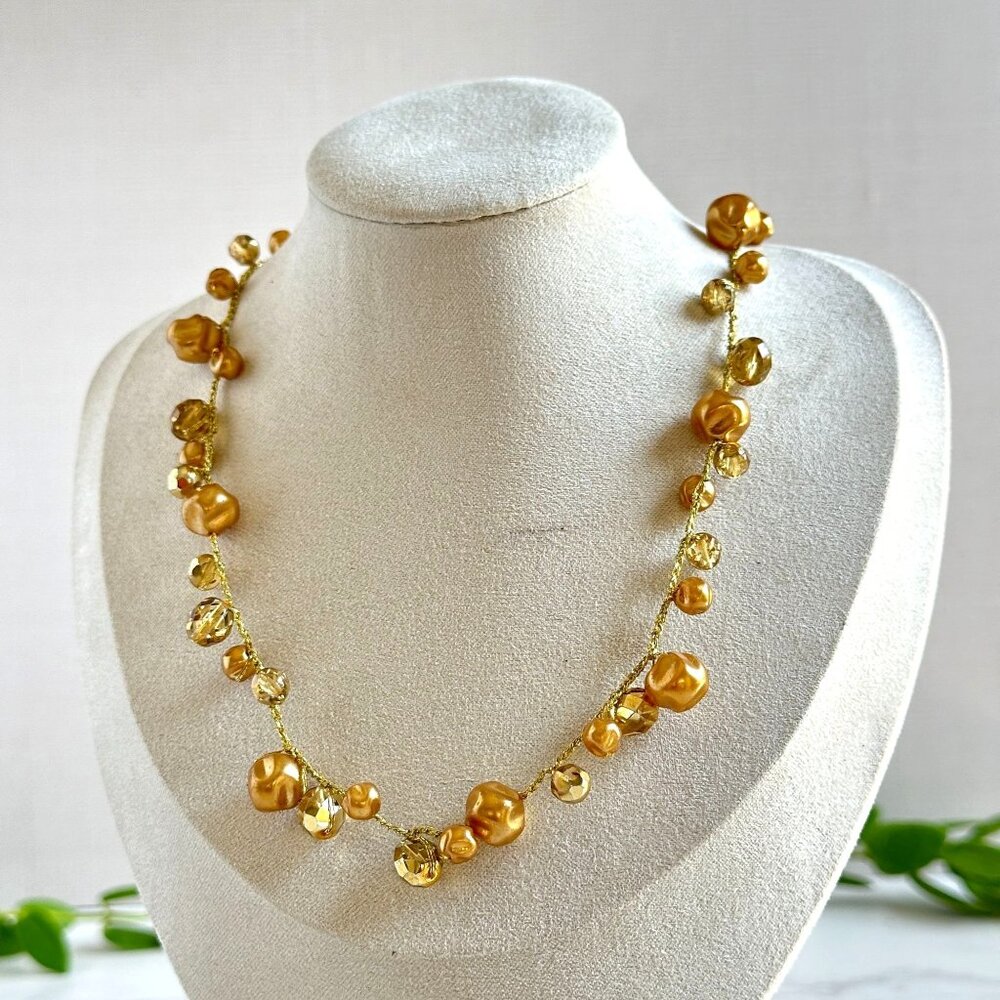 Ronit Nafshi Necklace, Gold Crystal & Pearl Beads, Handmade Israeli Design